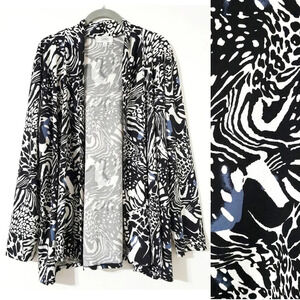 SHANNON FORD Soft Poly Black White Cardigan with Mixed Animal Print, Size XL